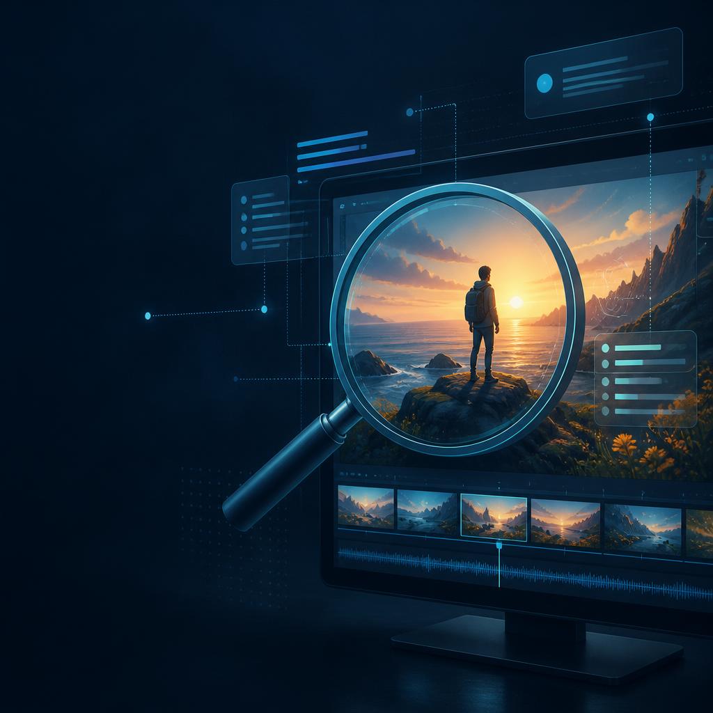 AI-generated editorial illustration of a video editing screen under a search lens, with abstract metadata and caption indicators