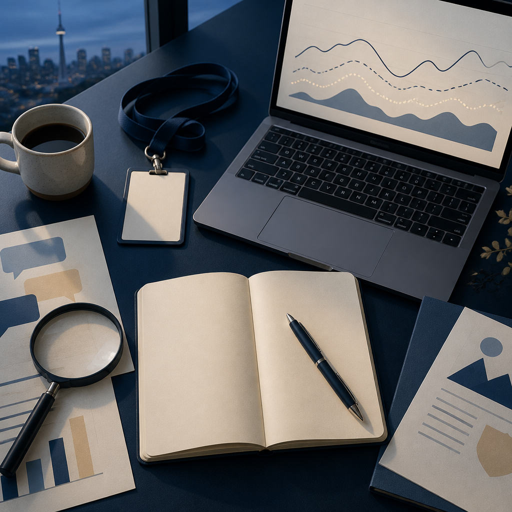 AI-generated illustration of conference notes beside a laptop with abstract, non-numeric charts
