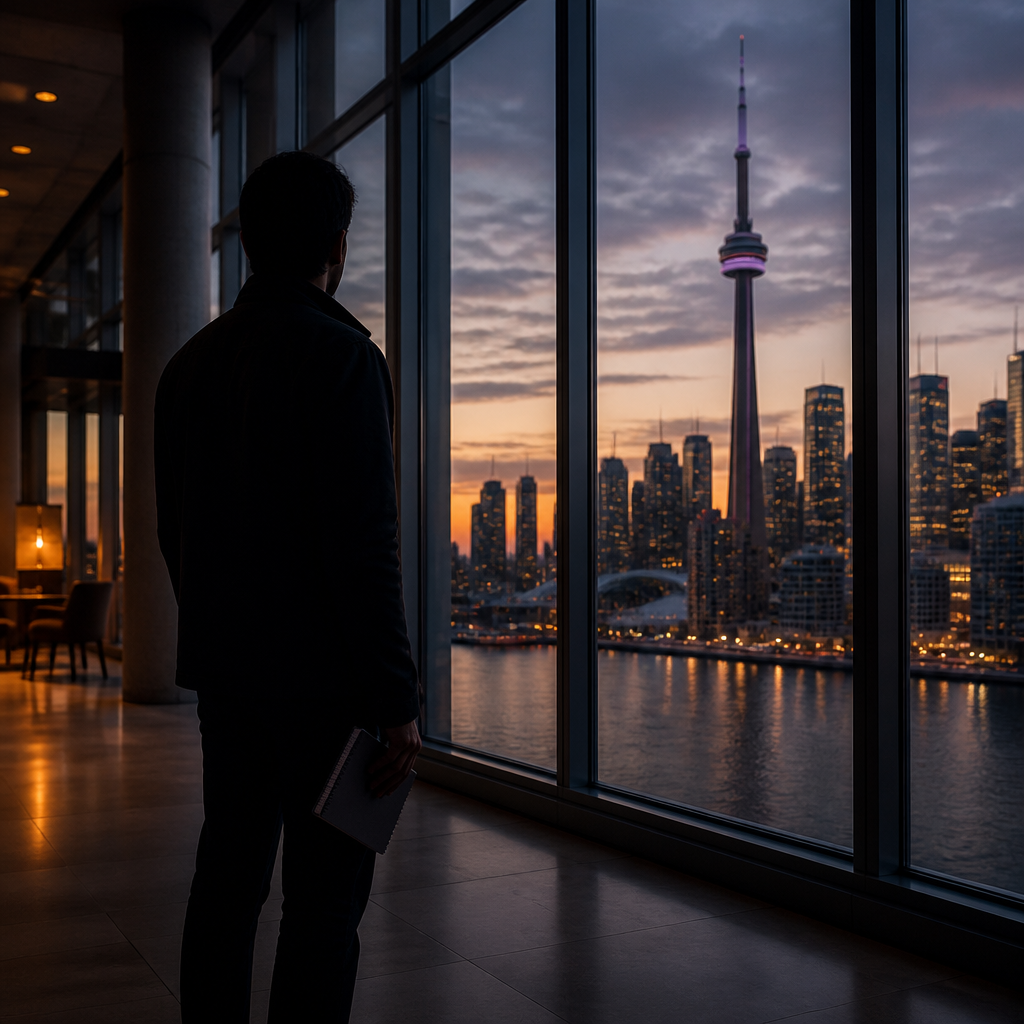 AI-generated editorial illustration of an anonymous attendee in a Toronto conference foyer; not a photograph of SEO IRL 2026